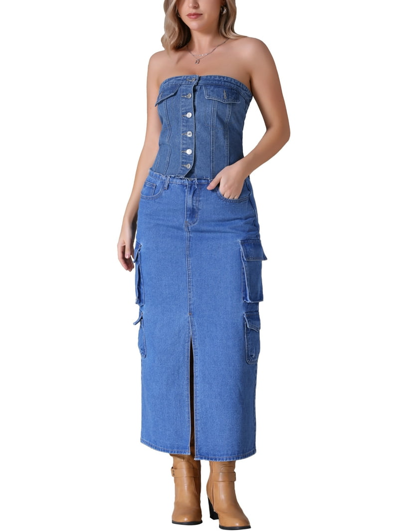 corset tube top denim dress WEST OF MELROSE Denim Strapless Drop Waist Womens Mini Dress - Dark Wash - XS
