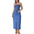 thumbnail image 2 of INSPIRAR CHIC Top de tubo recortado de mezclilla para mujer con corsé, botones frontales, dobladillo sin terminar y espalda fruncida, M Azul, 2 of 5