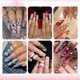 thumbnail image 5 of Uñas postizas cuadradas cortas con diseño de dijes de flores con lazo 3D, pegamento brillante en cubierta completa, uñas postizas para mujeres, 24 unidades, 5 of 5