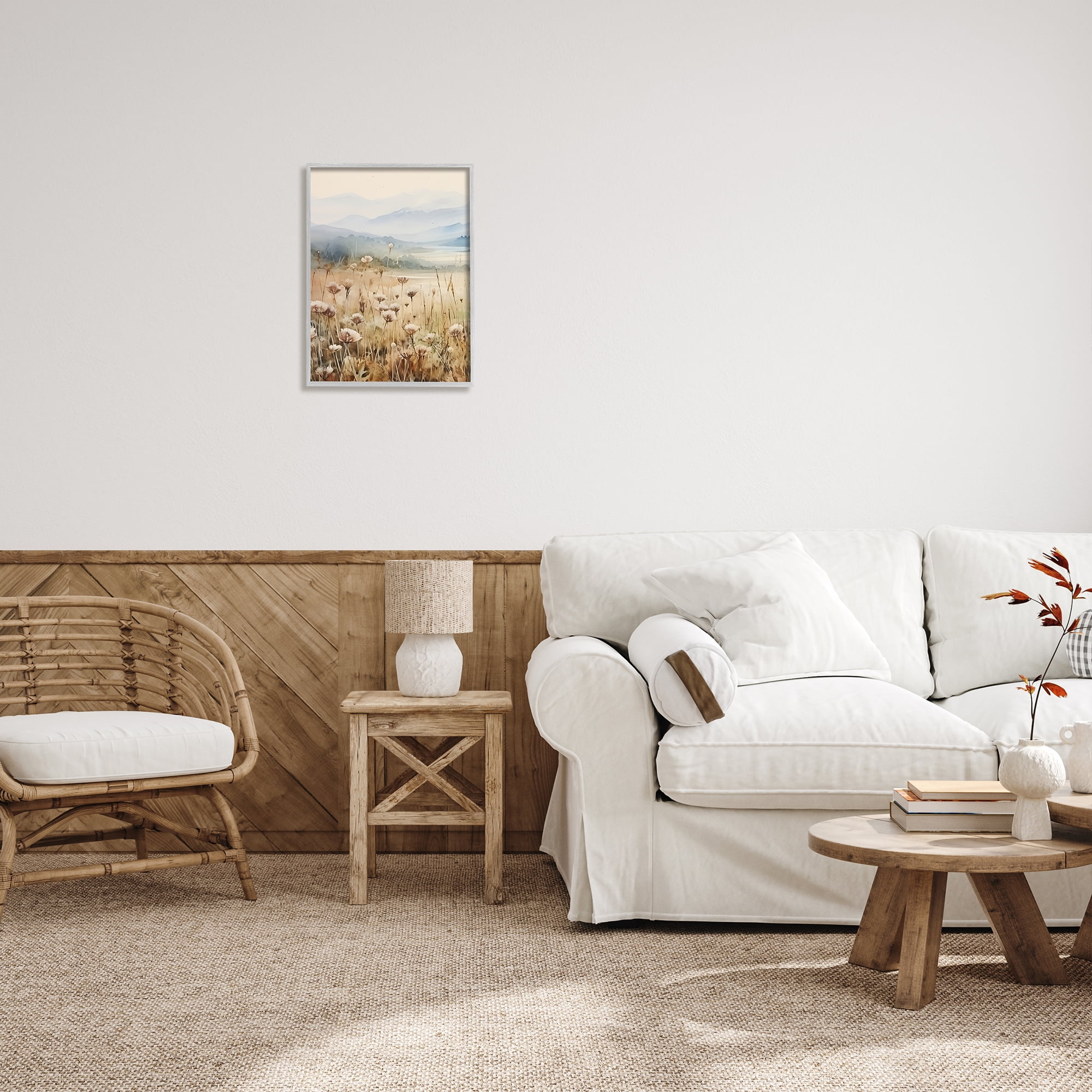 Stupell Industries Meadow with Foggy Mountains Landscape Painting Gray Framed Art Print Wall Art, 16 x 20