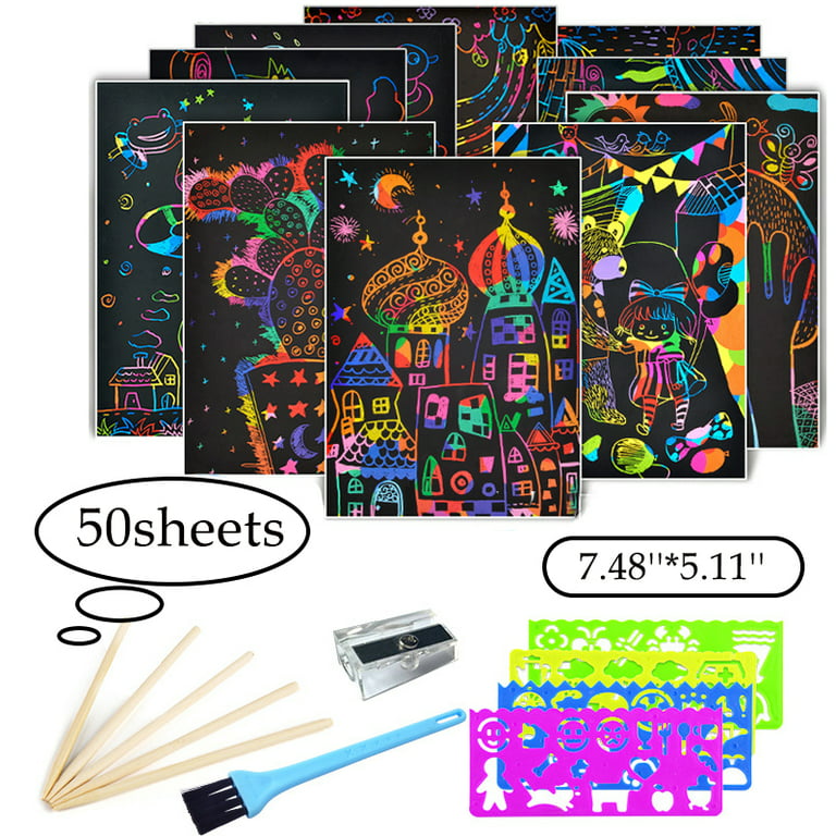 Scratch Paper Art Set, 50 Sheets Rainbow Scratch Paper Art Black Scratch it  Off Paper Crafts Notes Drawing Boards Sheet with 5 Wooden Stylus and 4  Stencils for Kids DIY Christmas Birthday