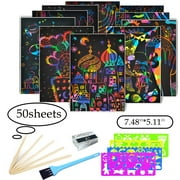 FNNMNNR 7.48*5.11" Scratch Paper Art Set, 50 Pcs Rainbow Magic Scratch Paper for Kids, Black Scratch Art Crafts Notes Boards Sheet with 5 Wooden Stylus for Easter, Party, Christmas Gift