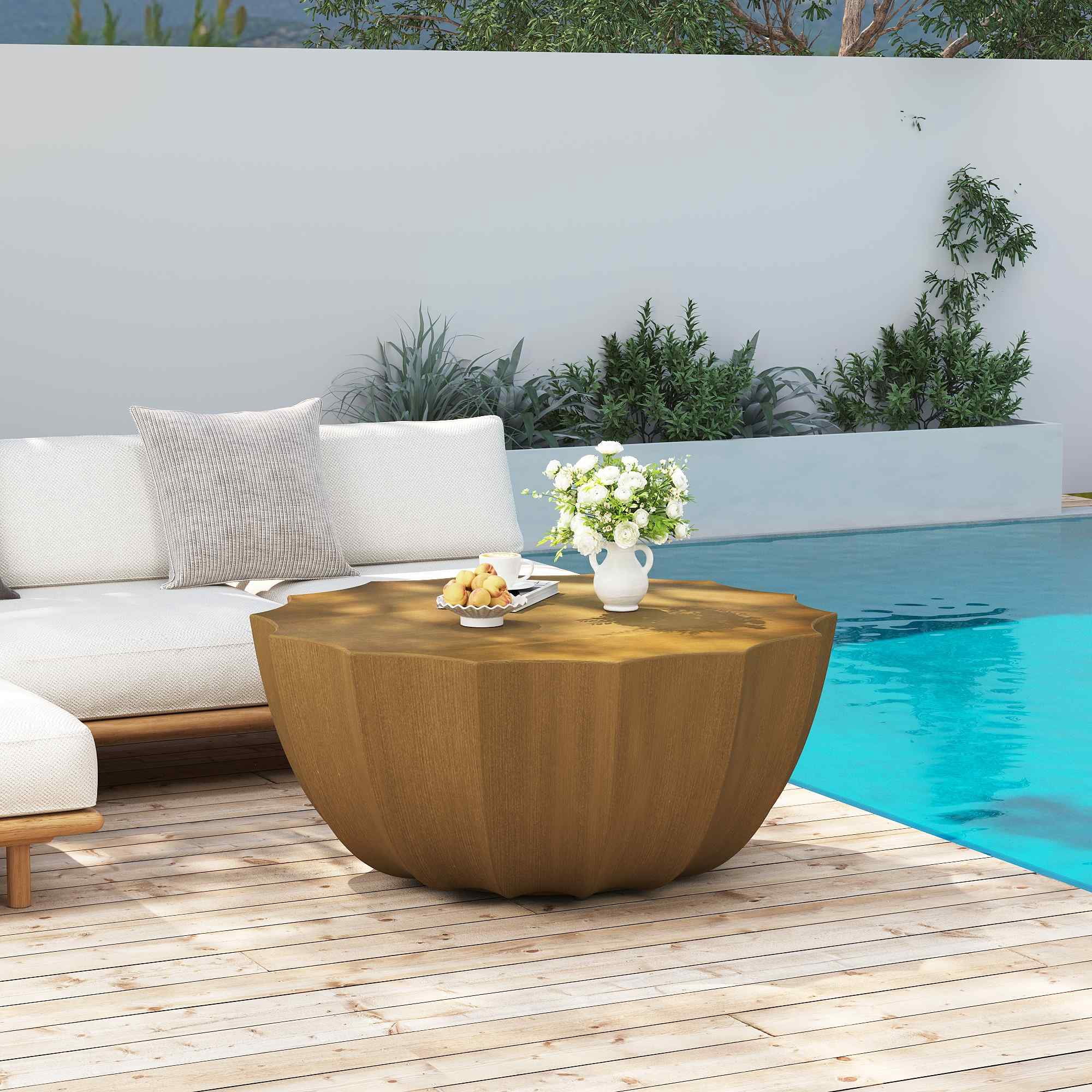 Lunale 35.43" Coffee Table for Indoor & Outdoor, Waterproof Durable MgO Cement Design, Wood Grain