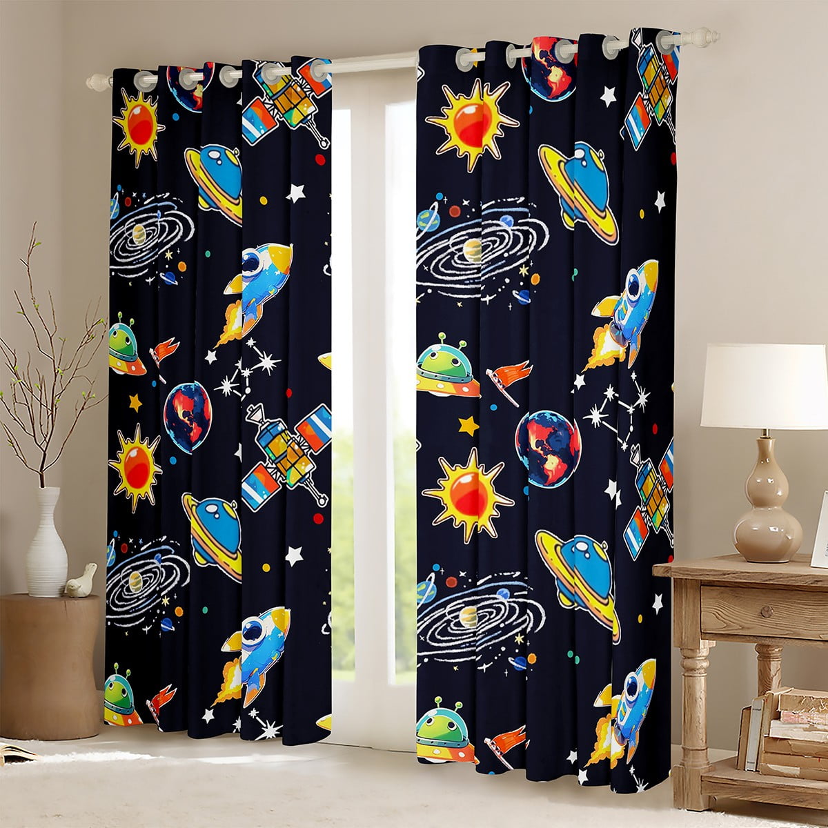 Feelyou Rocket Planet Black Out Curtains, Mystic Outer Space Curtains Pack of 2 (42x63 Each), Teens Kids Boys Girls Bedroom Curtains, Blackout Curtains Bedroom Decor