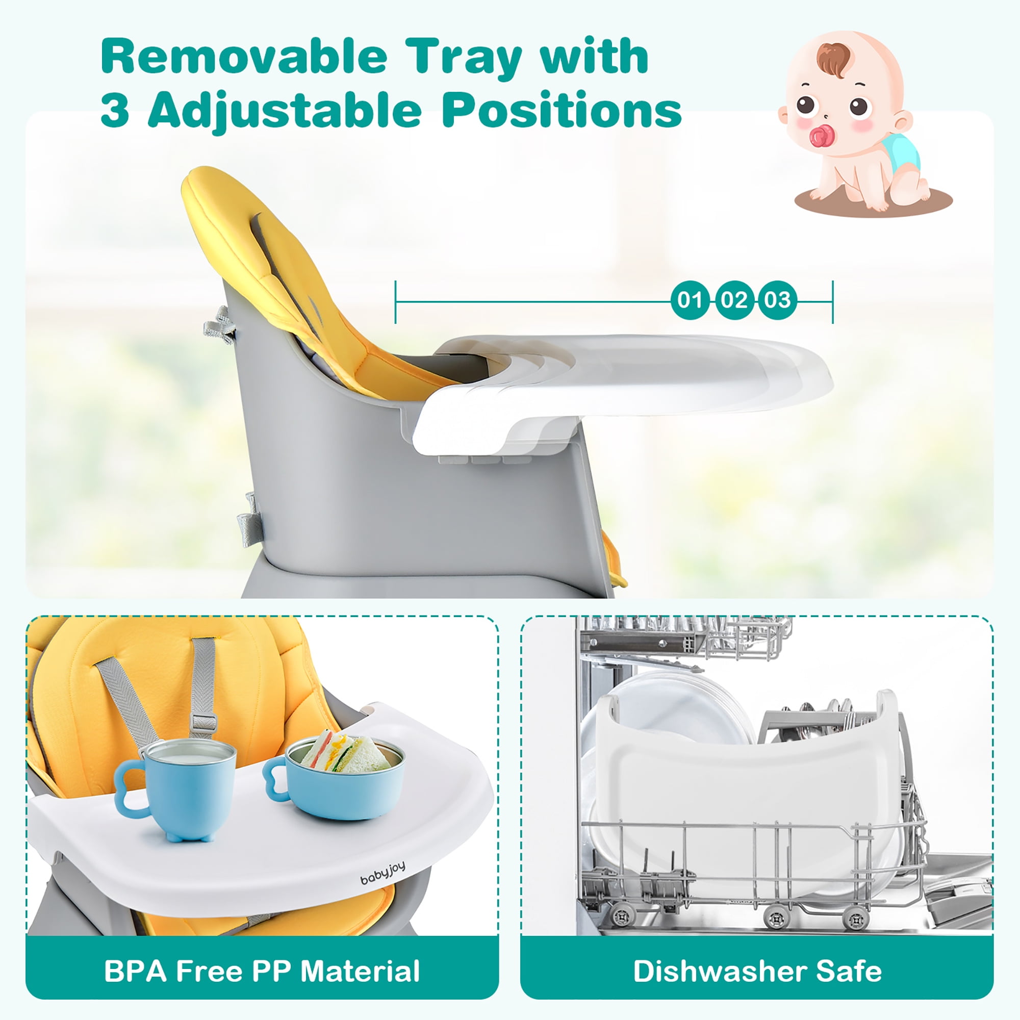 Costway 8-in-1 unisex Baby High Chair Convertible Dining Booster Seat with Removable Tray Yellow