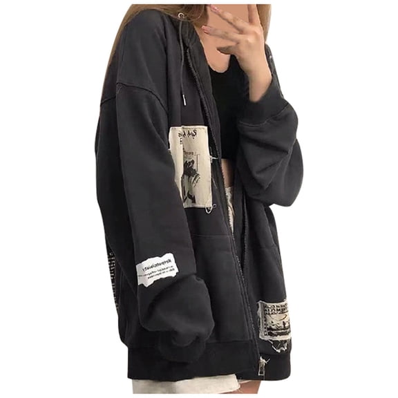 shqvo Women Hoodie With Hat Print, Dark Harajuku Sportswear With Patches, Casual Oversize Street Hop Trend Zip Up Hoodies Y2K Skeleton Sweatshirts