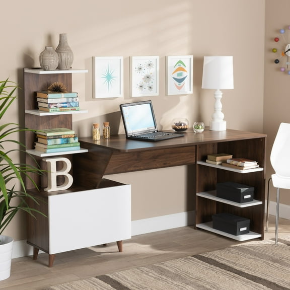 Baxton Studio Tobias Contemporary 23.6 in MDF Portable Computer Desk with Storage, White/Walnut Brown