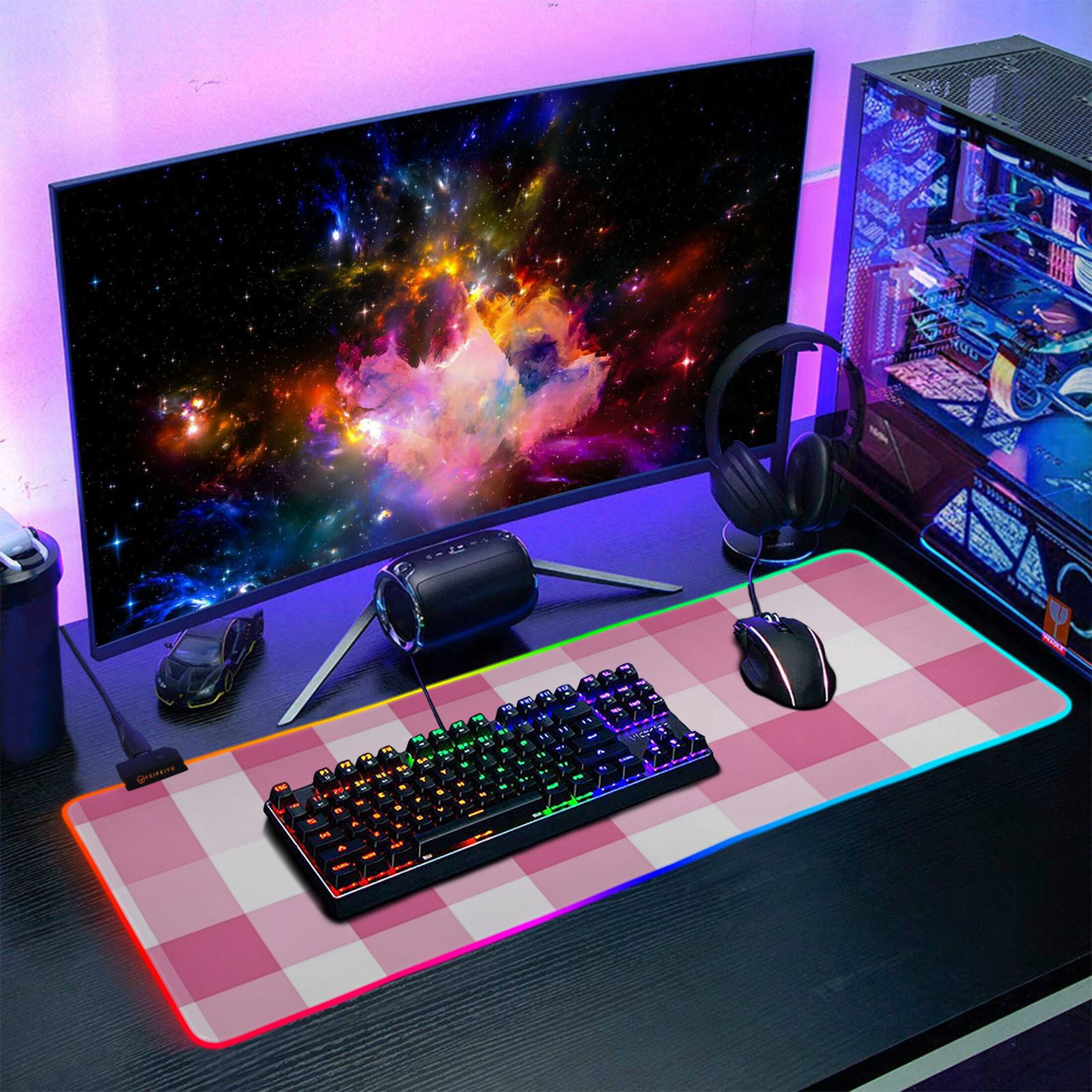 Pink and White Plaid RGB Gaming Mouse Pad Large Keyboard Mat Rubber Base 13 Light Modes