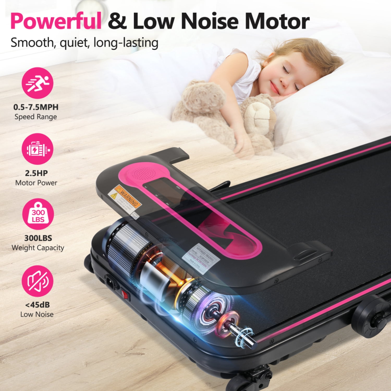 2.5HP Folding Walking Pad Treadmill for Home Office, 0.5-7.5MPH Speed, 300LBS Capacity, Incline, LED Display, Remote Control, No Installation, Shock Absorbing
