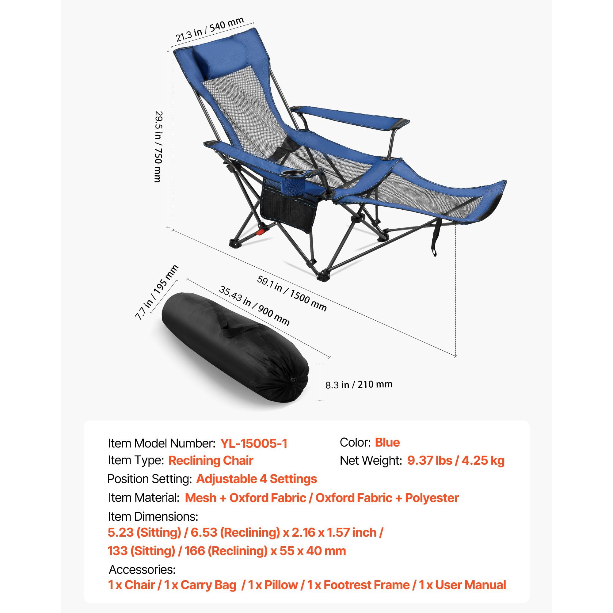 Foldable Reclining Lounge Chair 4-Position Adjustable, 220 lbs Capacity, Detachable Footrest, Cup Holder, for Camping Beach Patio