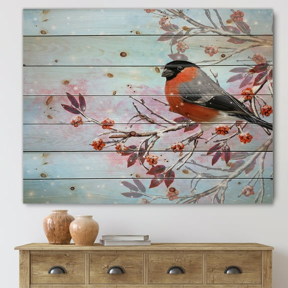 Designart 'A Bright Bullfinch Bird Sitting On A Branch' Traditional Print on Natural Pine Wood
