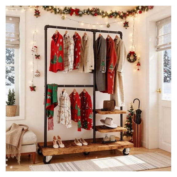 Clothes Rack, Heavy Duty Clothing Rack, Industrial Pipe Clothes Rack with Shelves, Rolling Garment Rack for Bedroom, Store, Rustic Brown