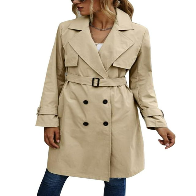 Manteau pour Femme à Manches Longues, à Revers, à Double Boutonnage, Trench avec Ceinture