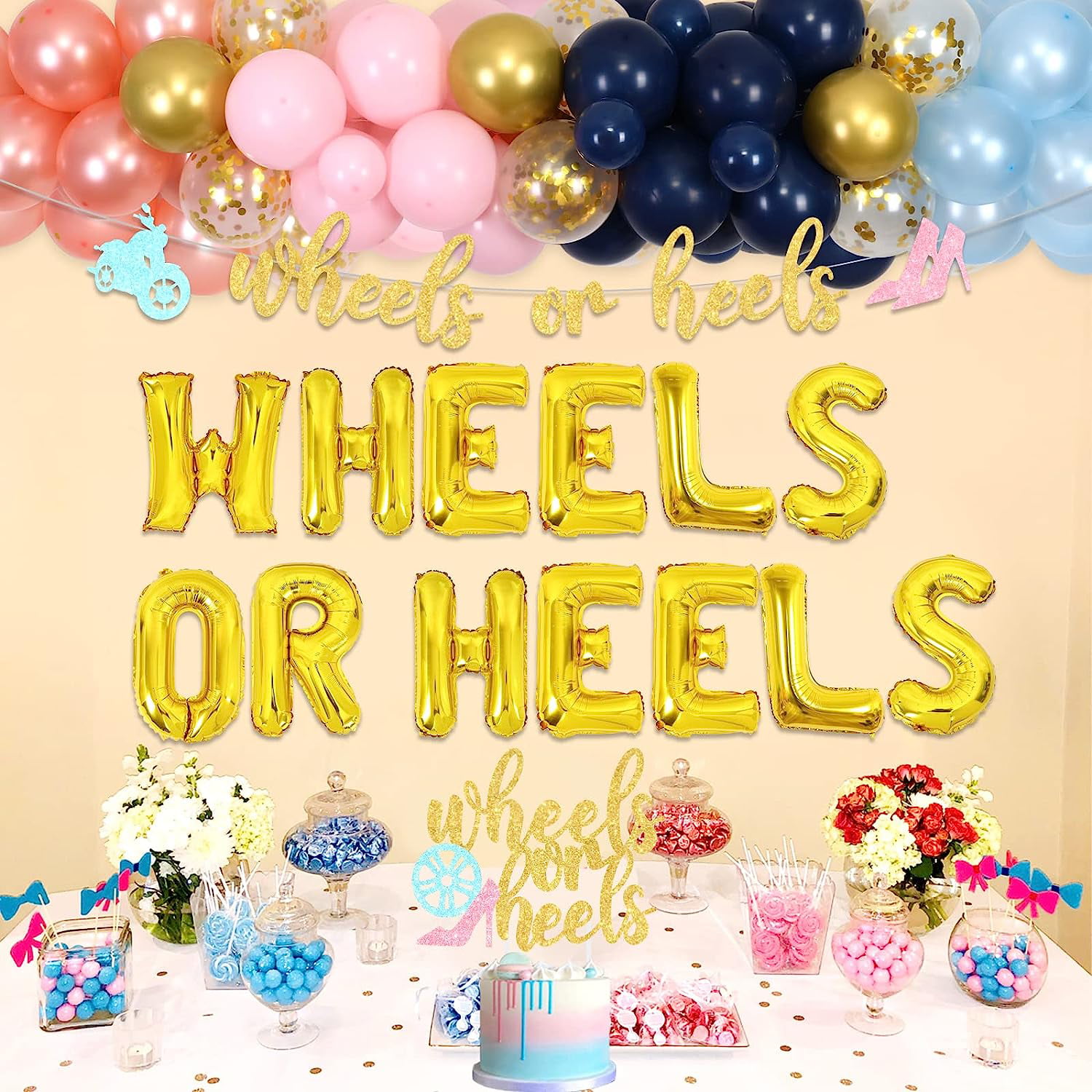 Baby Gender Reveal Party Decoration, Wheels Or Heels Gender Reveal  Decoration, Navy Blue and Pink Balloons Garland Arch Gender Reveal Wheels  Or Heels Foil Balloon for Boy Or Girl Baby Shower -