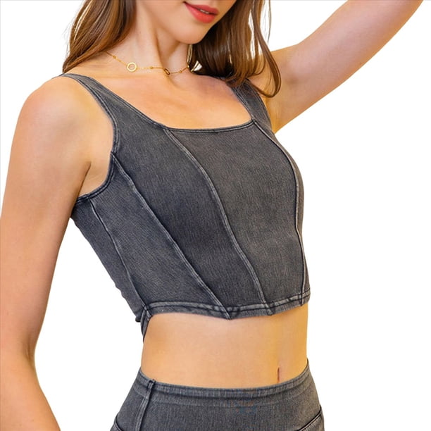 Top Vaquero Sin Mangas con Escote Cuadrado y Dobladillo Asimétrico para Mujer, de Alta Elasticidad Gris Oscuro XL