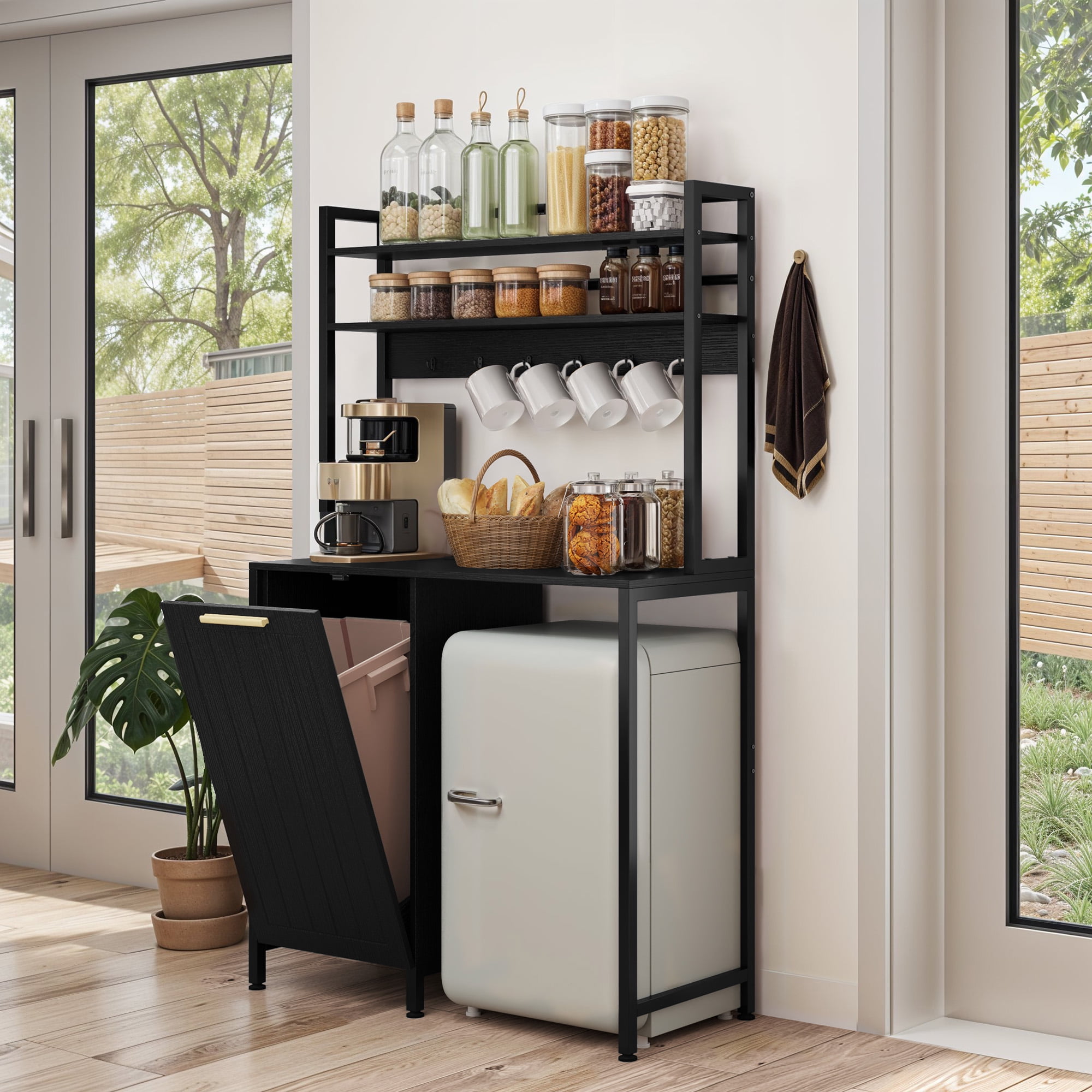 Uforic Kitchen Bakers Rack Mini Fridge Stand with Power Outlets & Trash Storage Cabinet, Black