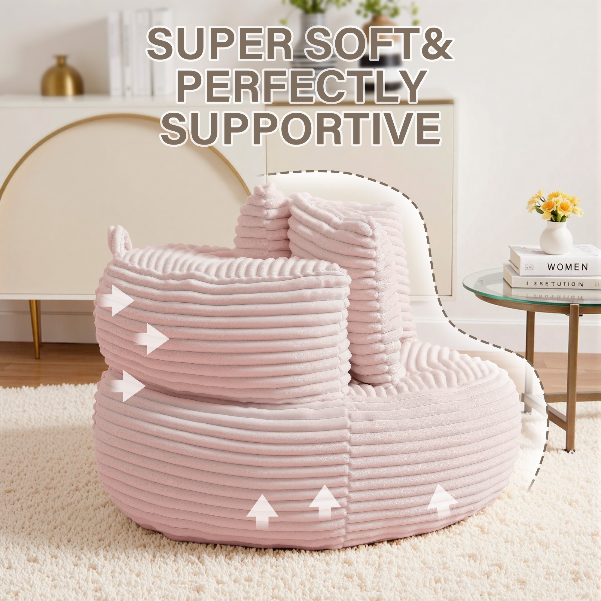 YINIX Oversized Bean Bag Chair with Backrest and Cushion, Cozy Round Floor Sofa for Living Room, Pink