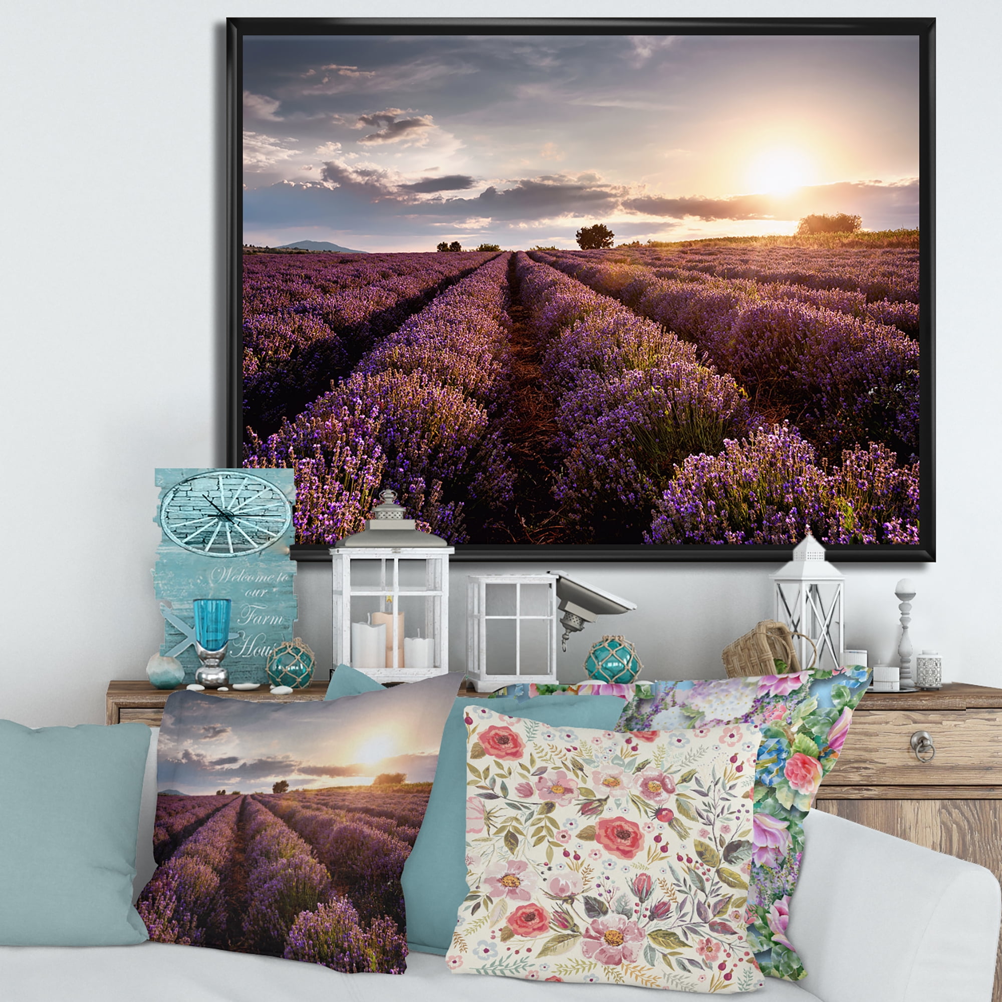 Designart 'Dramatic Clouds and Sunrise Over Lavender Field V' Farmhouse Framed Canvas Wall Art Print