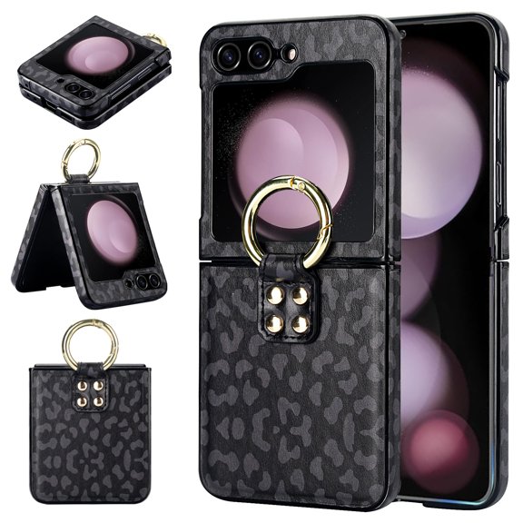 ELEHOLD for Samsung Galaxy Z Flip 6 Case,Soft PU Leather Ring Kickstand Durable Anti-Scratch Shockproof Protective Slim Phone Case for Samsung Galaxy Z Flip 6,Black Panther Texture
