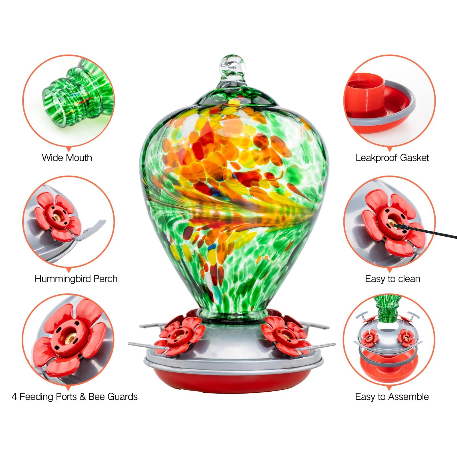 Peacock Blown Glass Hummingbird Feeder, Outdoor Backyard Decor