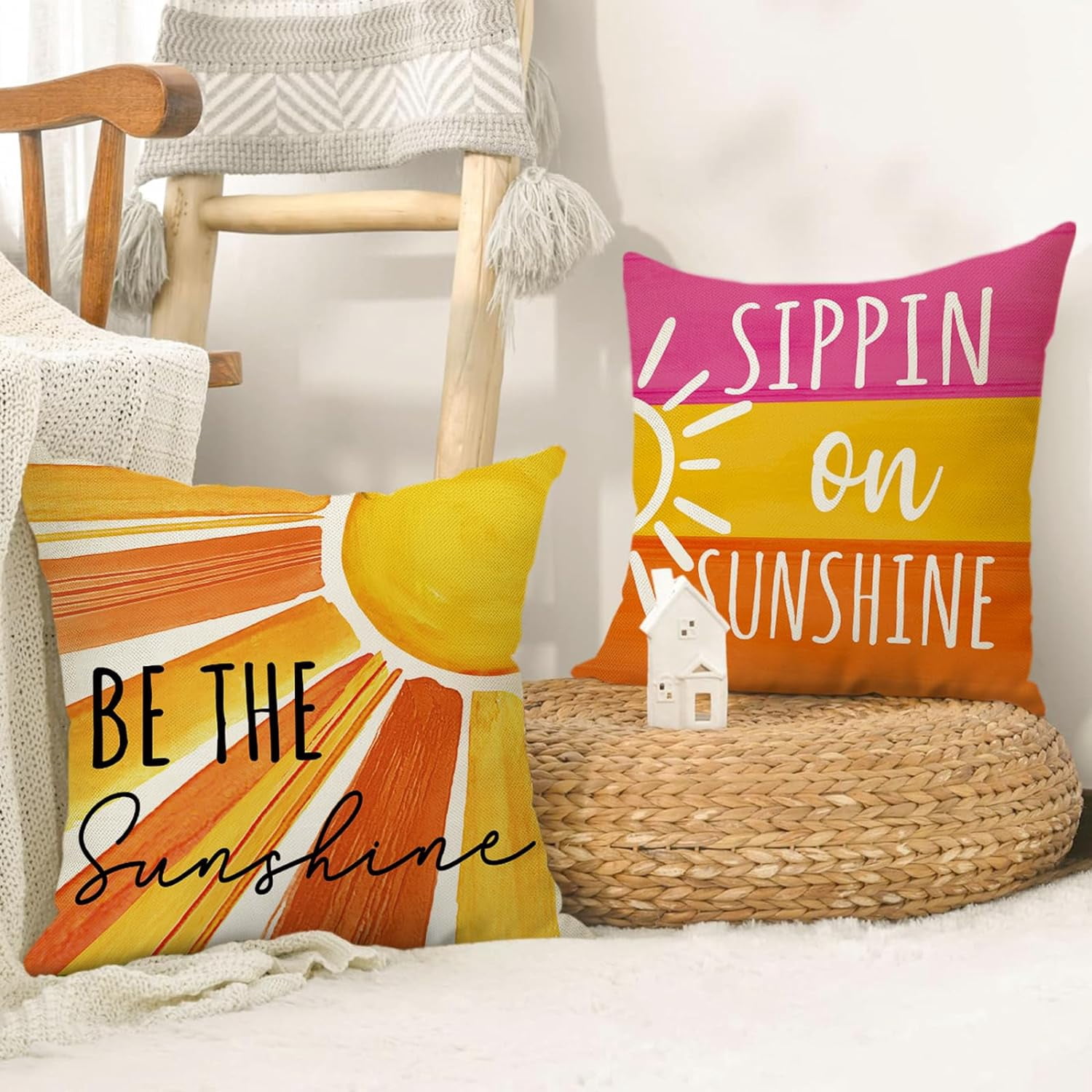 Hello Summer Sun Decorative Throw Pillow Covers 20 x 20 Set of 4, Be The Sunshine Stripes Porch Outdoor Pillowcase, Summer State of Mind Sippin on Sunshine Seasonal Cushion Case Home Decor