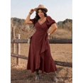 thumbnail image 6 of Red Plus Size Women Tie-Wrap Ruffle Hem Maxi Dress With Puffed Sleeves Boho Western Style, 6 of 7