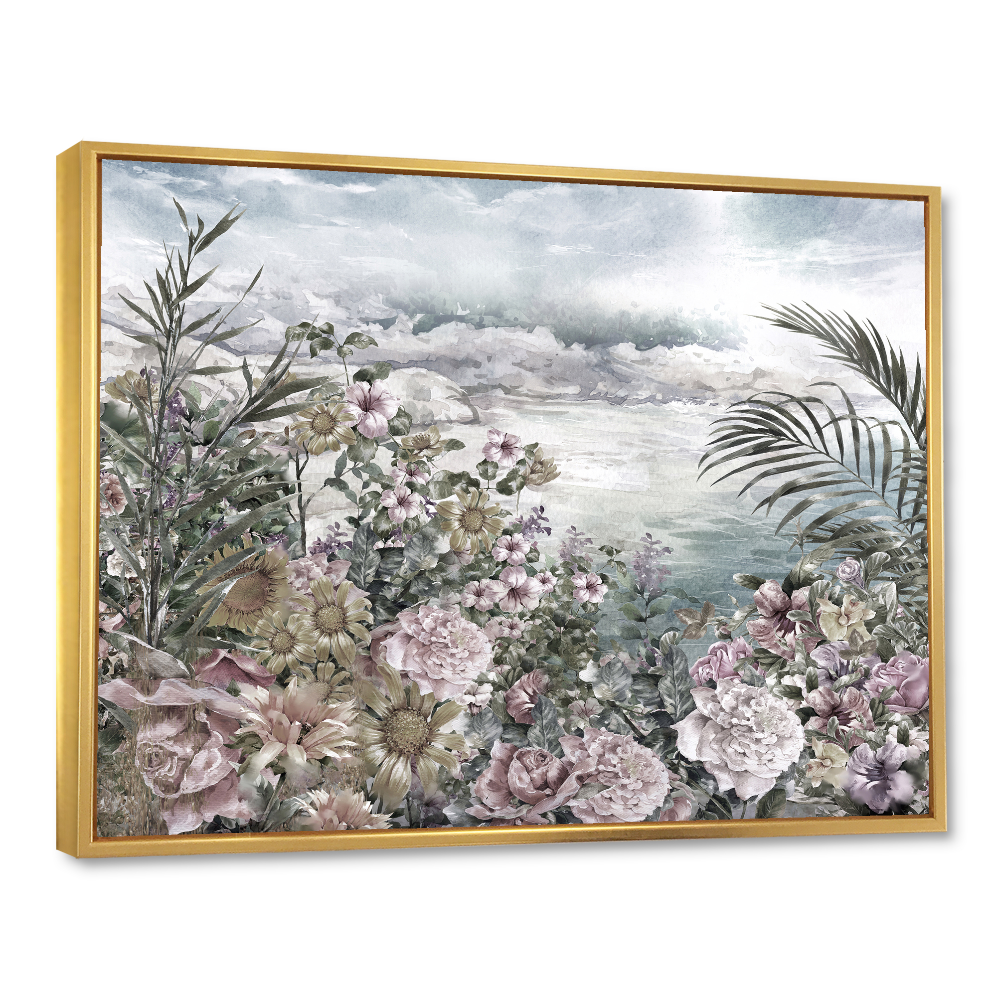 Designart 'Abstract Retro Flowers By The Sea Side' Vintage Framed Canvas Wall Art Print