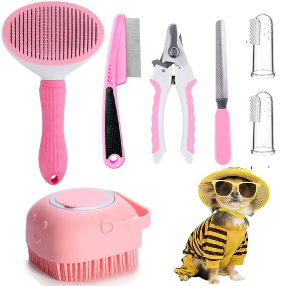 7pcs Pet Grooming Kit, Self-cleaning Brush Shedding Kit With Nail Clipper, Flea Comb, Shampoo Bath Brush, Finger Toothbrush, Storage Bag,