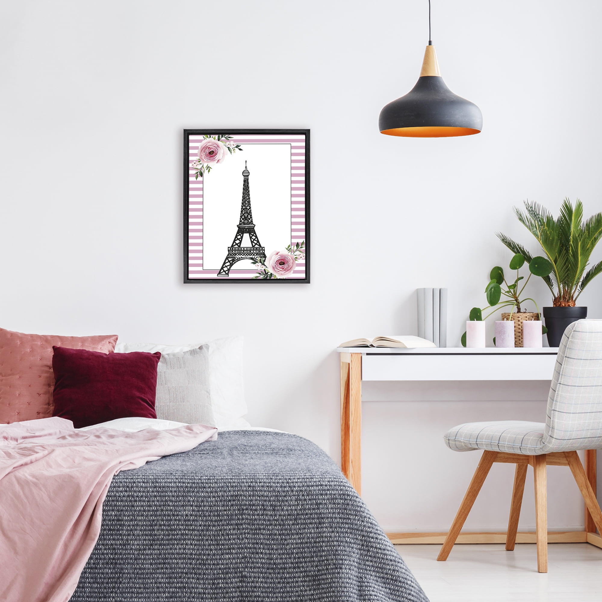 Parisian Tower & Roses Black Framed Floater Canvas Wall Art, design by Christine Simpson Art