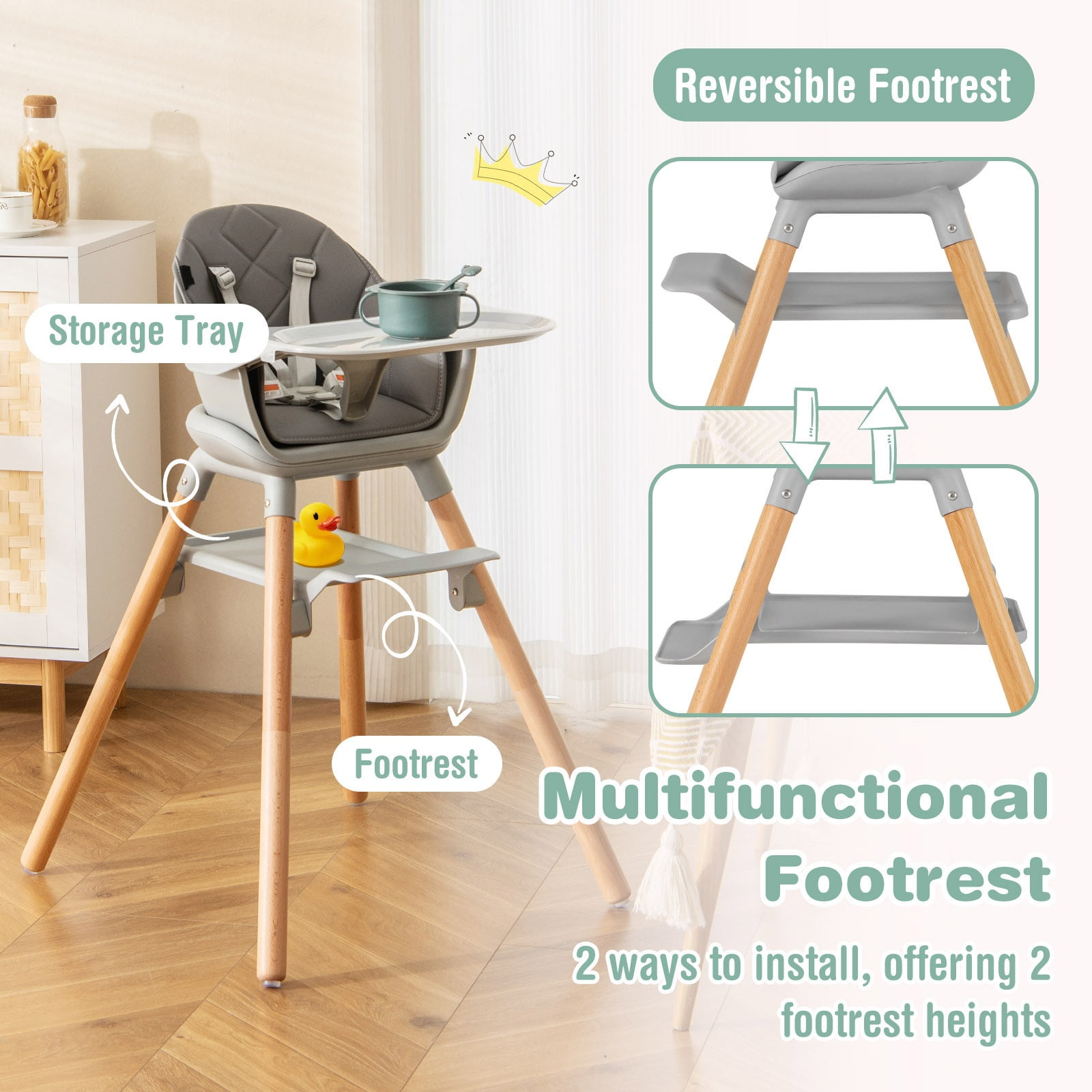 Infans 6-in-1 Convertible Wooden Baby Highchair Infant Feeding Chair w/ Removable Tray