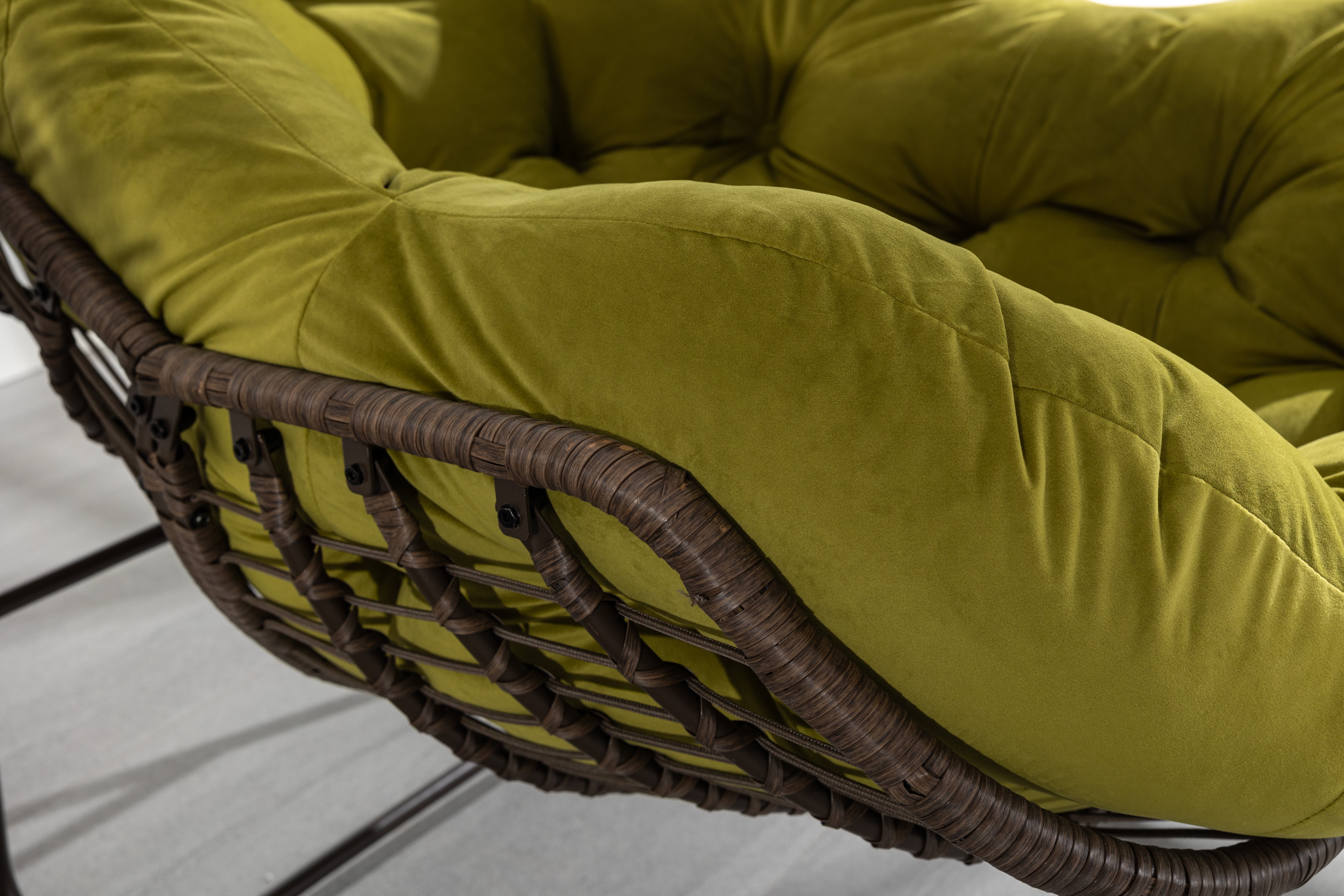 Outdoor Rattan Rocking Chair Oversized with Padded Cushion, Hand-Woven Egg Rocker Chair for Patio and Front Porch, Olive Green