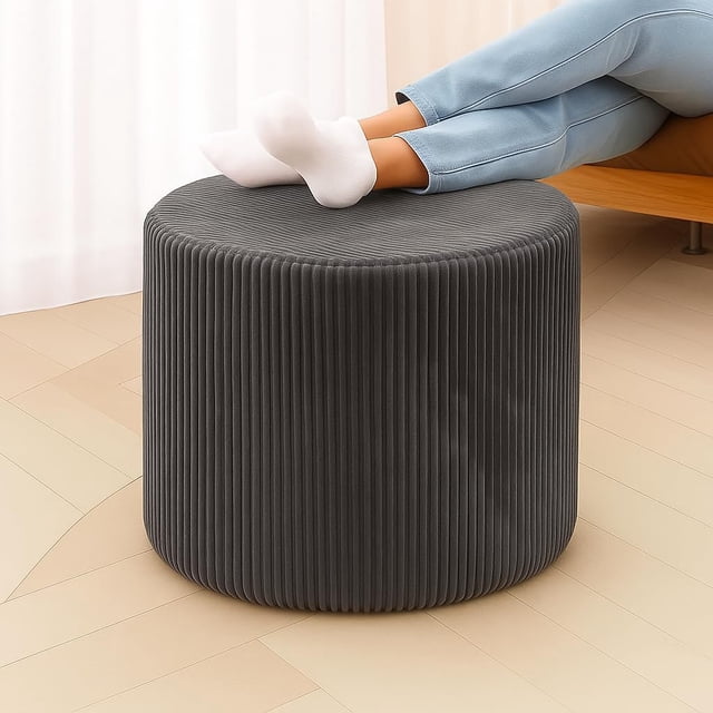 Pouf Ottoman Rond et Repose-Pieds, Poufs en Velours Côtelé Doux avec Rembourrage en Mousse, Pouf Repose-Pieds en Mousse Confortable avec Rangement, Poufs de Sol pour Salon, Gris