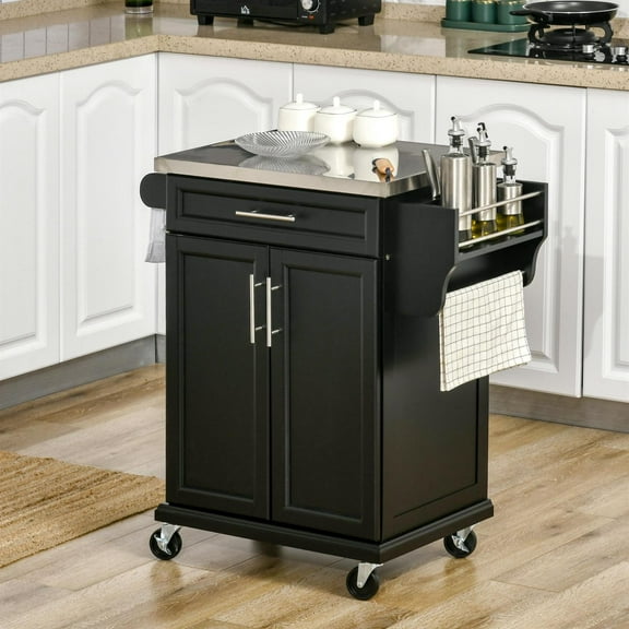 Demi Bonn 35" Kitchen Island on Wheels, Rolling Kitchen Cart with Stainless Steel Countertop, Drawer, Towel Rack and Spice Rack, Utility Storage Trolley, Black