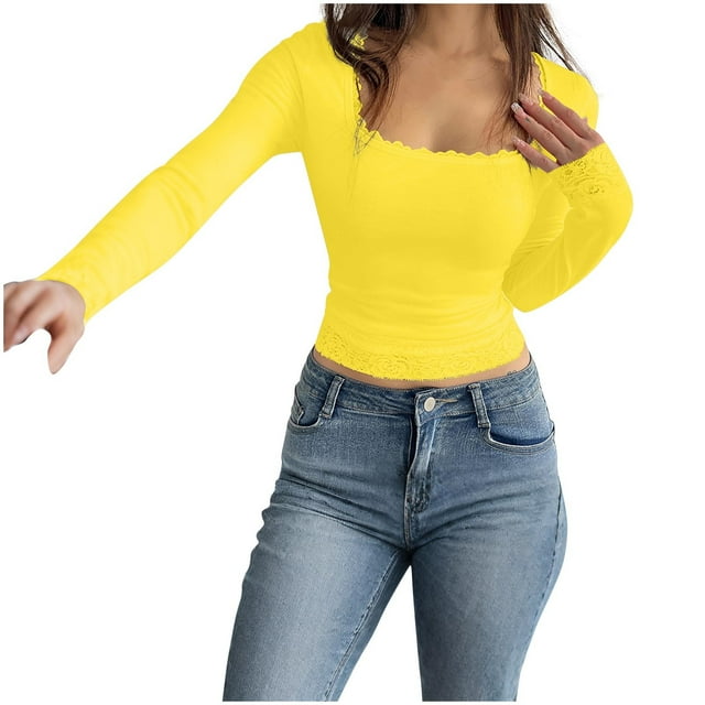 cfhntfmh Longues Chemises à Manches pour Femmes Crop Tops Vêtements de Base Automne Mode Col Carré Tenues Slim