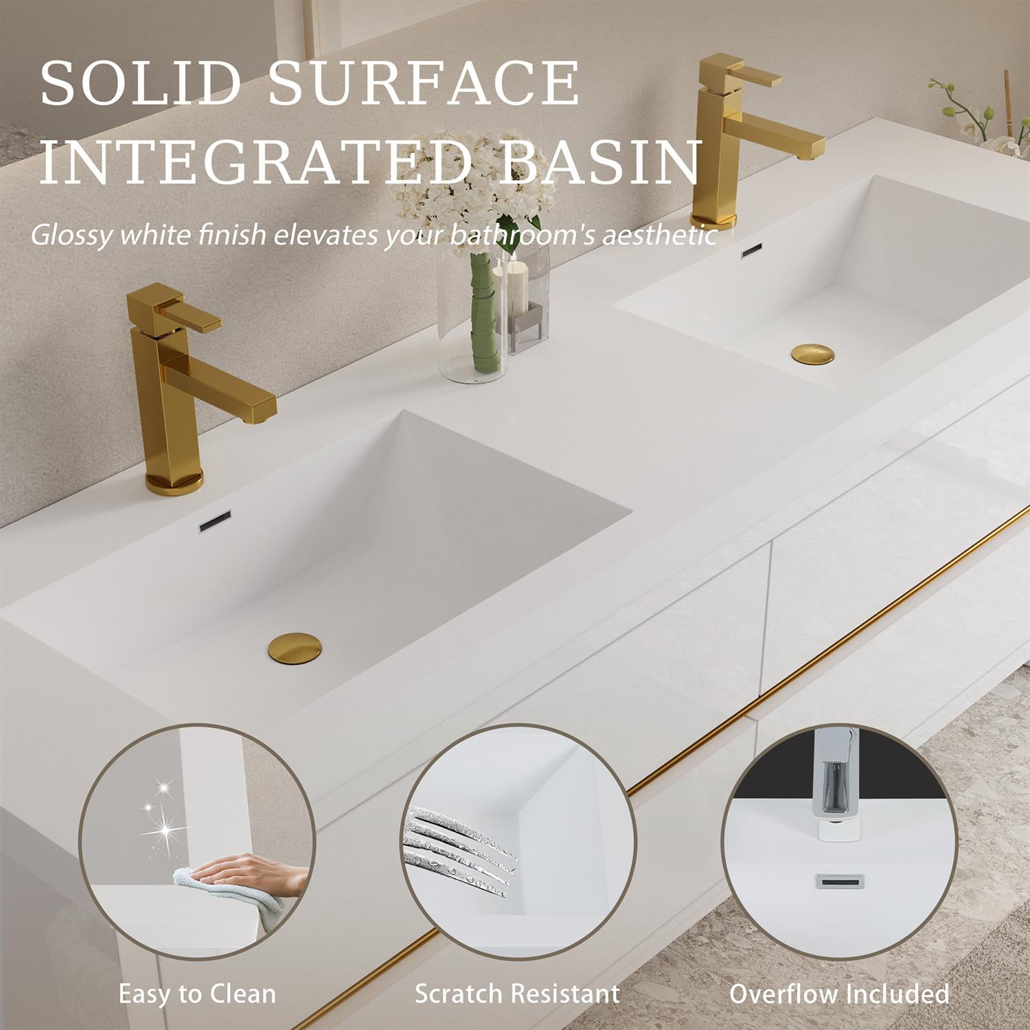 Demi Bonn 70" Wall-Mounted Bathroom Vanity with Sink, Stone Resin Countertop and 4 Soft Close Drawers, Faucets and Drains Not Included, White