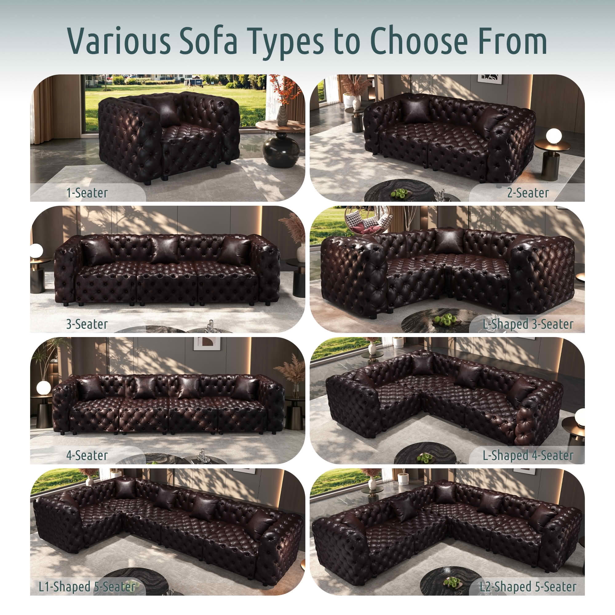 MAYEERTY Faux Leather Modular Sectional Sofa, Hand‑Crafted Button Tufted Couch with Ottoman, Multi‑Shape Reconfigurable for Living Room & Small Apartment