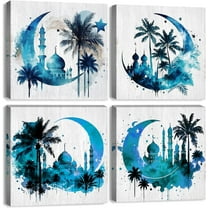 Moon Canvas Wall Art Abstract Palm Tree Castle Pictures Poster Moon Phases Wall Decor Navy Blue Mosque Decor Watercolor Moon Phase Painting Artwork for Bedroom Living Room Home Decorations 12x12" 4Pcs