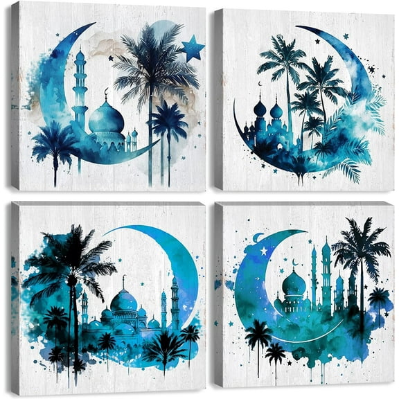 Moon Canvas Wall Art Abstract Palm Tree Castle Pictures Poster Moon Phases Wall Decor Navy Blue Mosque Decor Watercolor Moon Phase Painting Artwork for Bedroom Living Room Home Decorations 12x12" 4Pcs