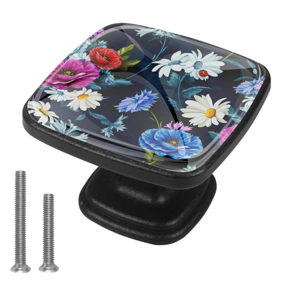 4 Pcs Cabinet Handle Drawer Pulls Floral Blue Flower Knobs with Screws Square Furniture Office Cabinet Knob Decoration