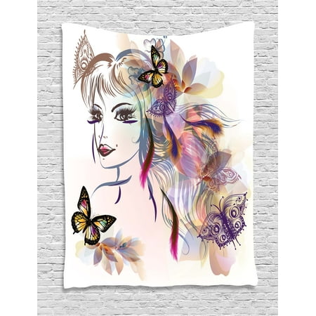 Butterfly Tapestry Wall Hanging - Fairy Tapestry, Beautiful Girl Drawing Design with Butterflies Nature Illustration Facial Expression, Wall Hanging for Bedroom Living Room Dorm Decor, 40W X 60L Inches, Multicolor, by Ambesonne