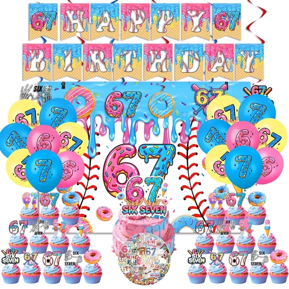 6 7 Party Decoration Set, 104 Pcs Six Seven Brainrot Social Media Trend Birthday Supplies with Backdrop, Banner, Balloons, Cake Topper for Birthday Party Decor & Photo Booth Props