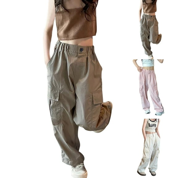 Ketyyh-chn99 Girls Cargo Pants Wide Leg Streetwear Girls Pants Waist Loose Streetwear Dance Cotton Cargo Jogger Pants for Kids for 3-4 Years,Beige