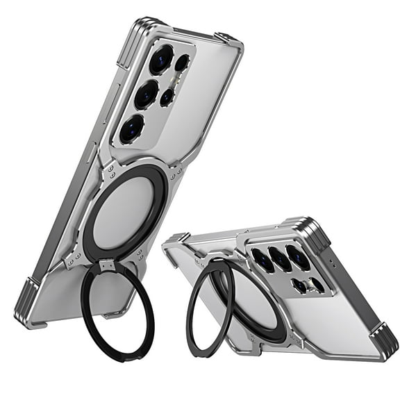 Case for Samsung Galaxy S25 Ultra Frameless, with Magnetic Kickstand 360° Rotatable, Bezel Less Metal Slim Hard Ultra Thin Case with Ring Holder Magnetic Stand for Men, Black Silver