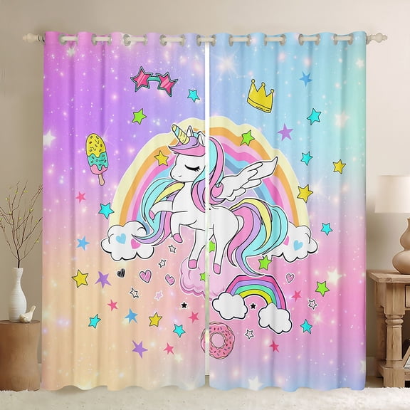 Manfei Colorful Cute Unicorn Black Out Curtains,Cartoon Rainbow Stars Curtains Pack of 2 (42x63 Each),Sweet Doughnut Ice Cream Bedroom Curtains For Girls Kids,Ultra Soft Home Decor