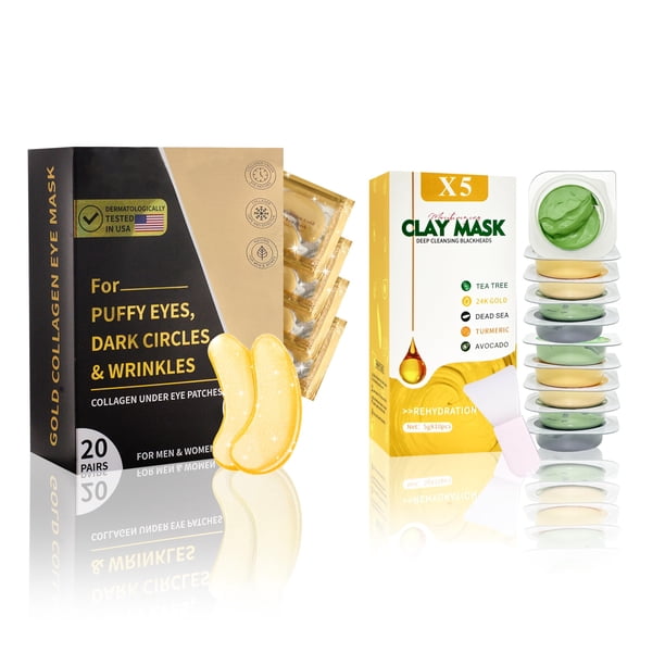 Set de mascarillas de arcilla y parches dorados para ojos para acné y ojeras
