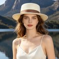 thumbnail image 3 of UTSJKR Womens Flat Top Short Brim Fedora with Buckle Band for Summer Coastal Retreat for Town Café Visit Outdoor Brunch Packable Classic Silhouette UV Shield Vacation Headwear White, 3 of 8