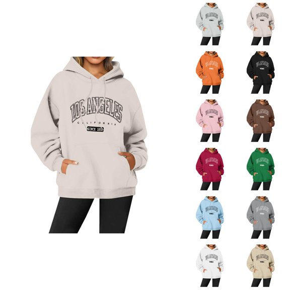 Los Angeles Graphic Hoodies for Women Fall Winter Long Sleeve Hooded Sweatshirt with Pockets Streetwear Pullover Tops