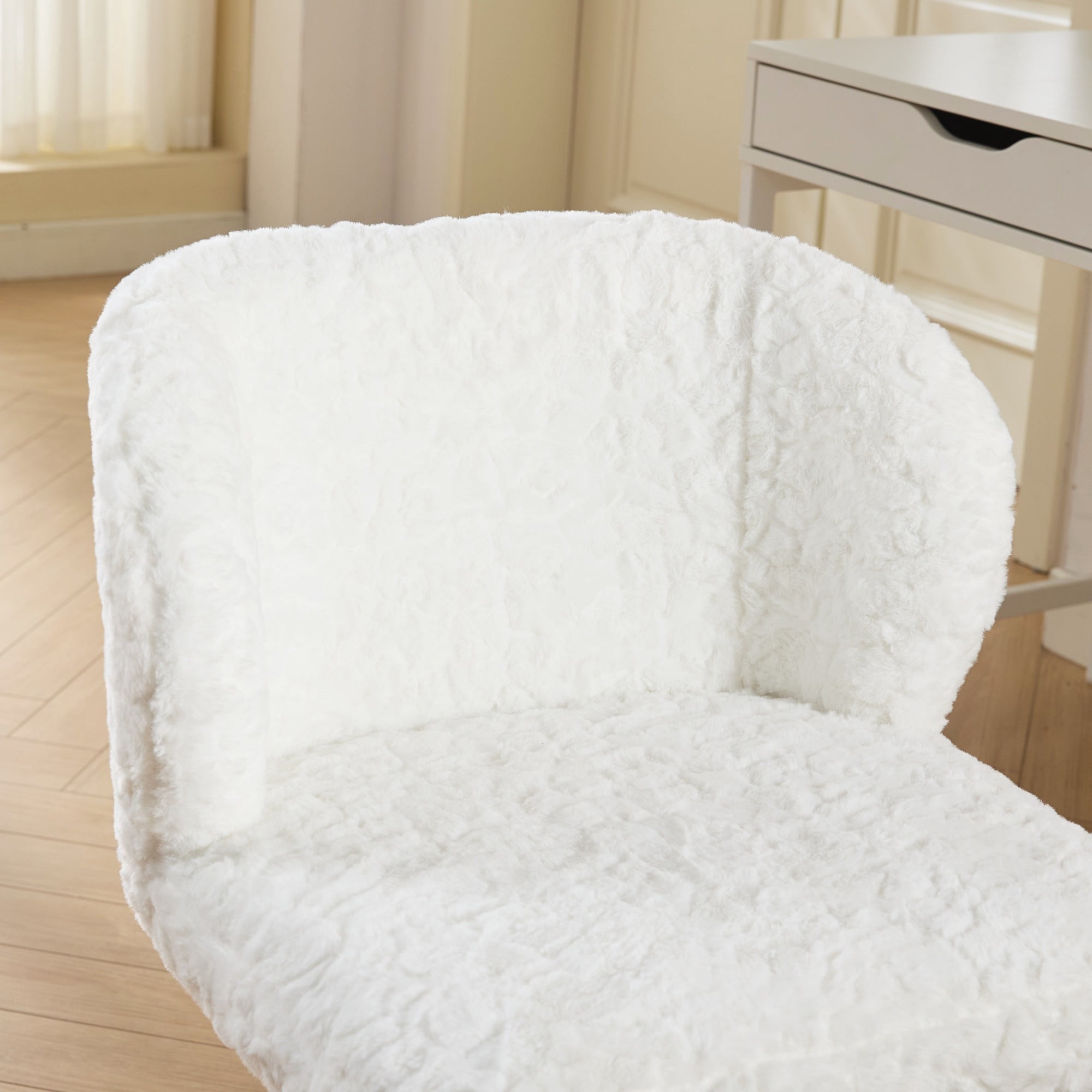 PAPROOS Vanity Chair with Wheels, Home Office Chair, Cute Makeup Desk Chair with Artificial Alpaca Wool Fabric, Adjustable Swivel Task Computer Chair for Bedroom, Ivory