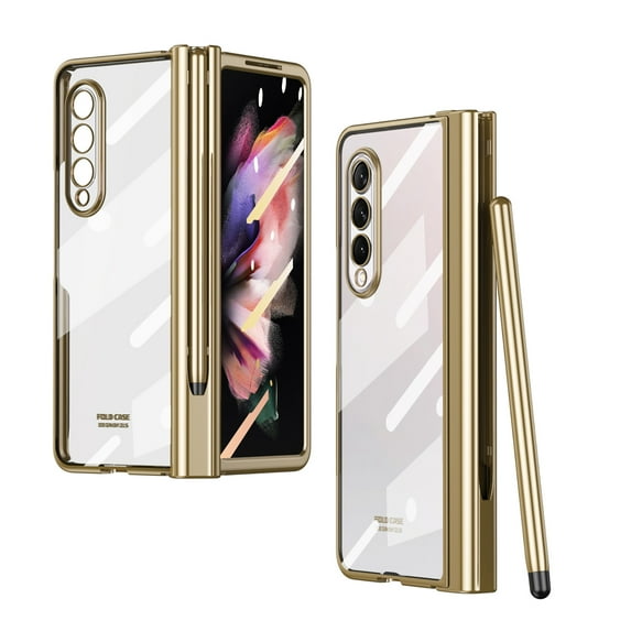Nalacover for Samsung Galaxy Z Fold5 Transparent Plating Case with S Pen Holder Hinge Protection, Rugged PC Shockproof Tempered Glass Screen Film Folding Cover for Galaxy Z Fold5, Gold