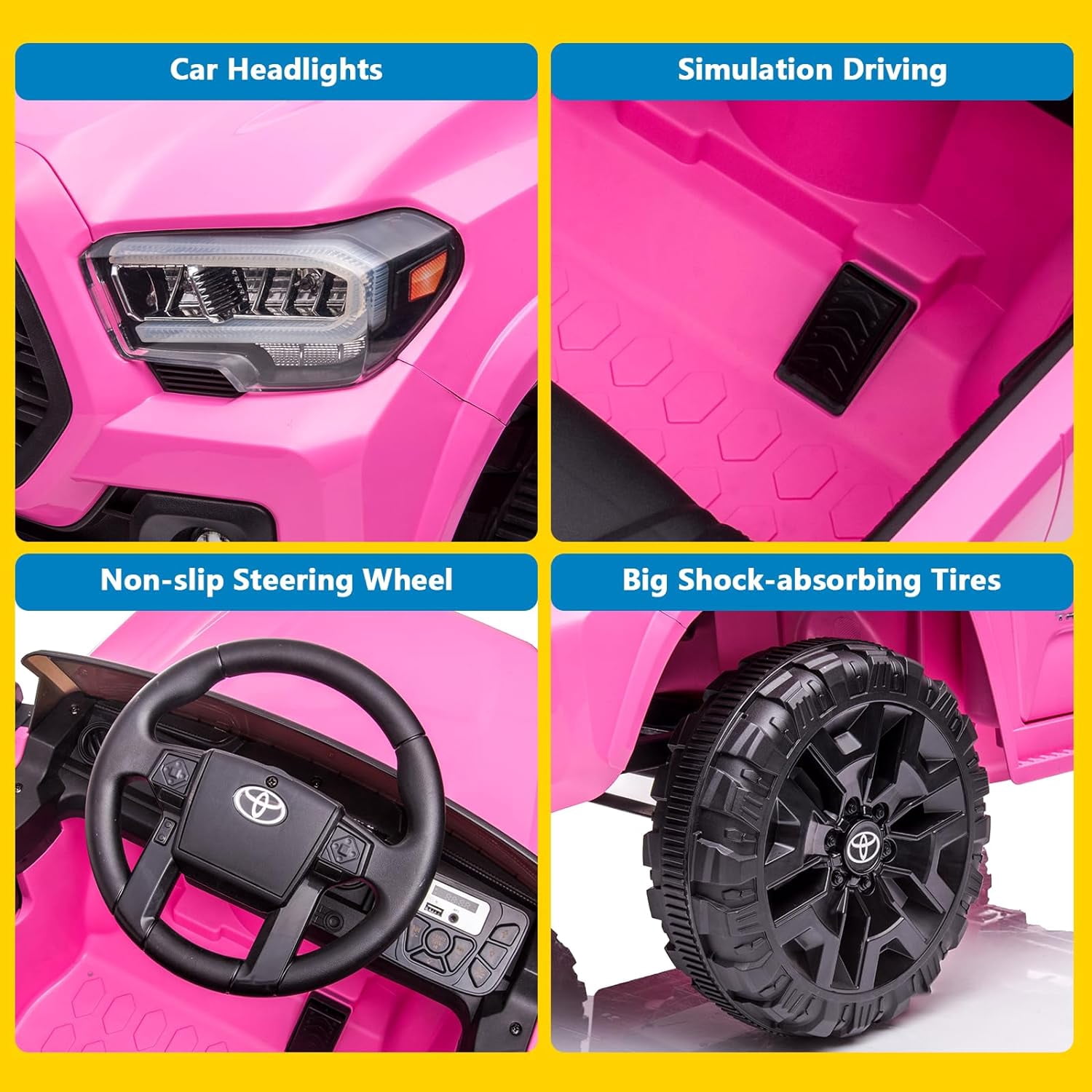 12V Licensed Toyota Tacoma Electric Car with Remote Control, Spring Suspension, Safety Belt, 2-Speed Ride-On Vehicle with Headlights, Pink